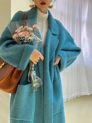 Getadme-Autumn Winter Cardigan Women Korean Fashion Knitted Sweater Female Elegant Loose Long Knitwear Coat Lady Vintage Lapel Cardigans